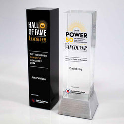 Modern black and clear crystal pillar recognition awards featuring custom full colour UV printing and personalized branding.  Made in Vancouver, BC.