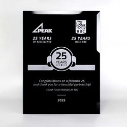 Premium custom wall plaques in glass and wood featuring personalized sandblast or laser engraving for corporate milestones. Made in Vancouver, BC.