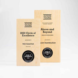 Handcrafted wooden awards for employee recognition, showcasing vivid full-color branding and precision laser-engraved details.