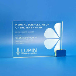 Contemporary jade, clear, and coloured glass awards with custom sandblast engraving for corporate excellence trophies. Made in Vancouver, BC.