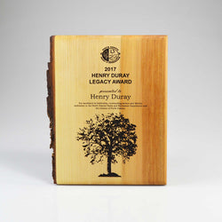 Live edge wood wall plaque with natural bark edge, and custom laser-engraving for corporate appreciation and employee recognition awards. Made in Vancouver, BC.