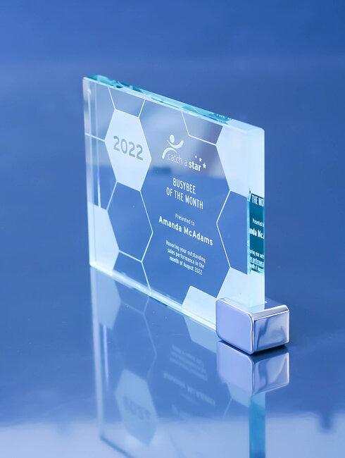 desktop glass recognition award with sandblast engraving