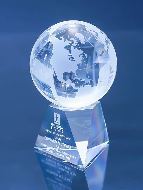 Engraved crystal globe from side view