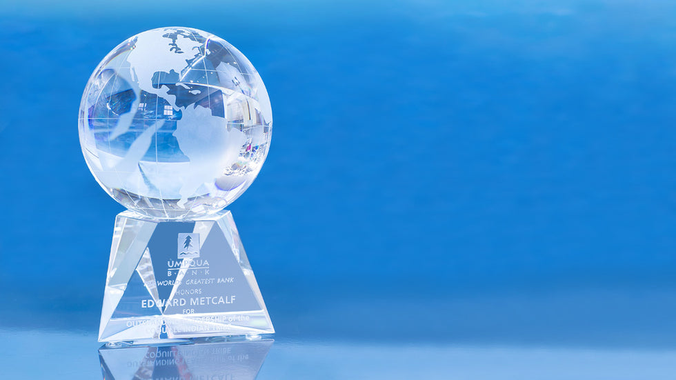 Engraved Crystal Globe Award wide