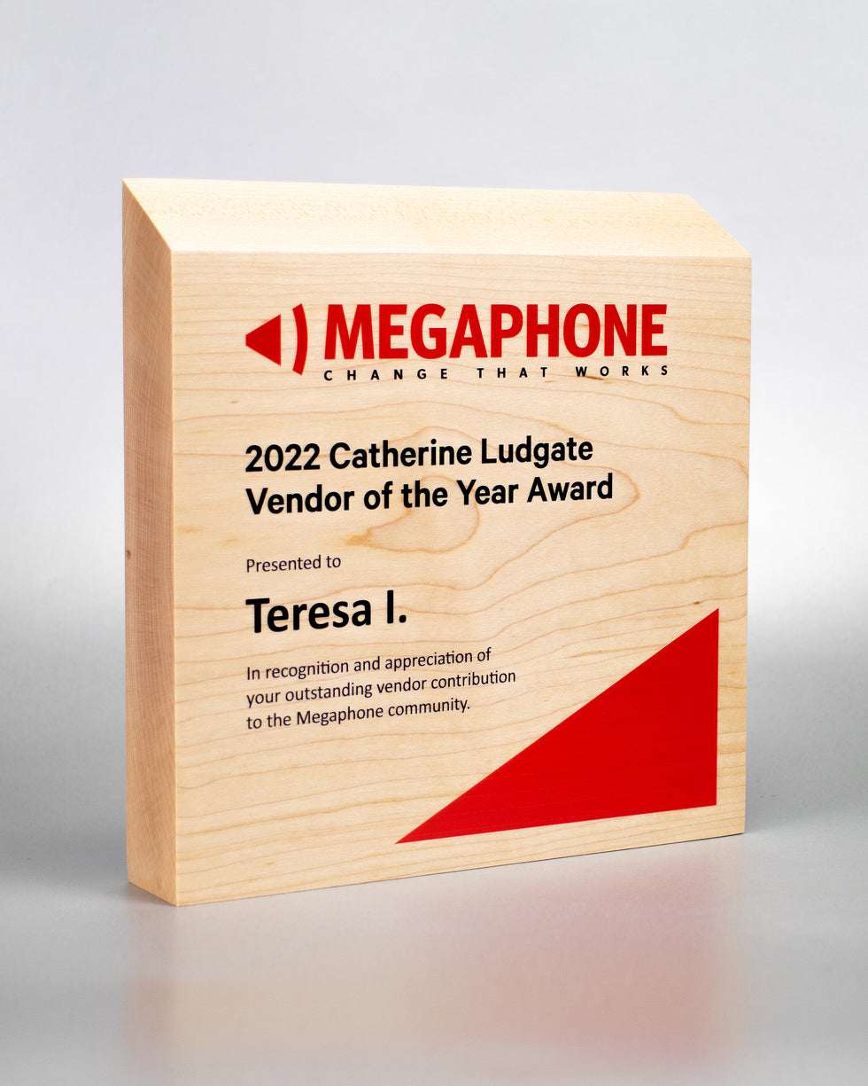 Wooden trophy award with Cosmo Printed personalization. 