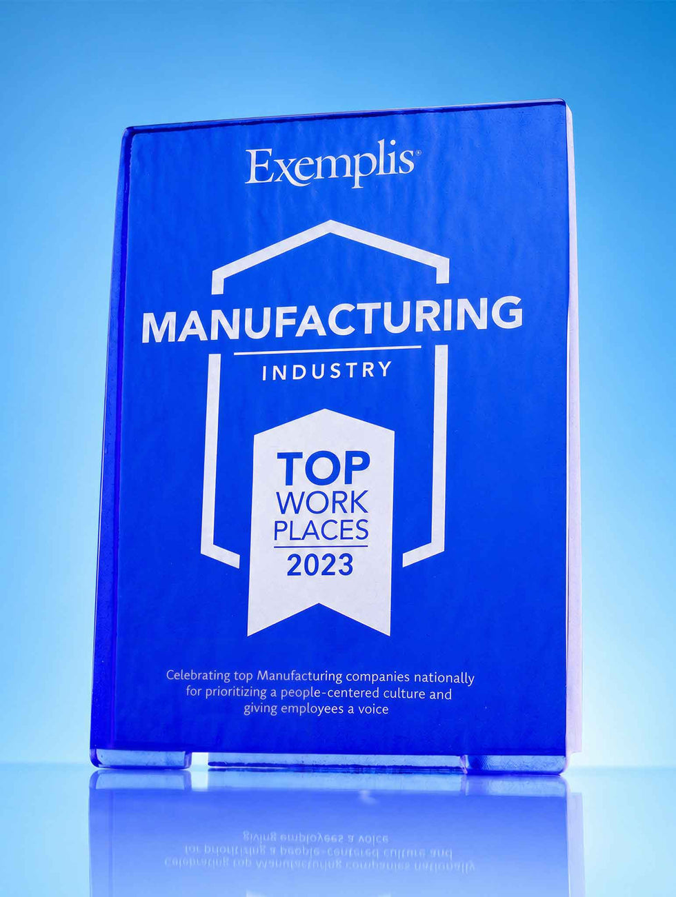 Cobalt Blue recycled glass sandblast engraved trophy with exaple of customer graphics